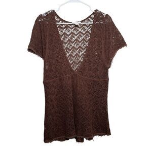 Loft Sweater Women's Large Brown V-Neck Lace Knit Short Sleeve Y2k Top Casual
